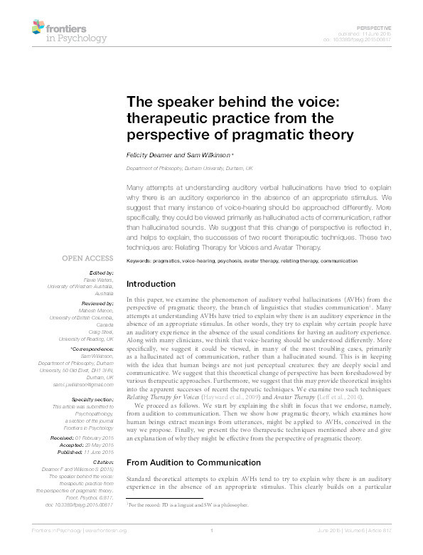 The speaker behind the voice: Therapeutic practice from the perspective of pragmatic theory Thumbnail