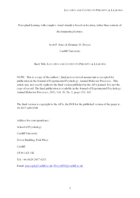 Perceptual learning with complex visual stimuli is based on location, rather than content, of discriminating features Thumbnail