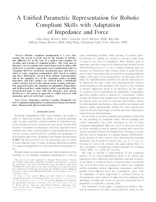 A unified parametric representation for robotic compliant skills with adaptation of impedance and force Thumbnail