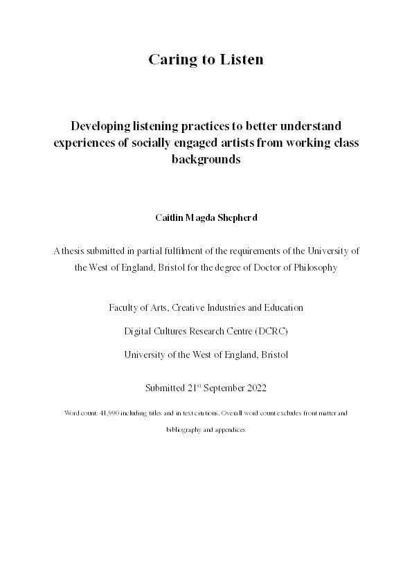 Caring to listen: Developing listening practices to better understand experiences of socially engaged artists from working class backgrounds Thumbnail