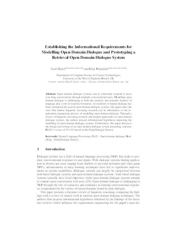 Establishing the informational requirements for modelling open domain dialogue and prototyping a retrieval open domain dialogue system Thumbnail