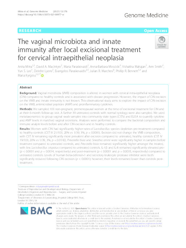 The vaginal microbiota and innate immunity after local excisional treatment for cervical intraepithelial neoplasia Thumbnail