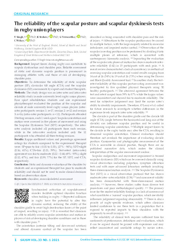 The reliability of the scapular posture and scapular dyskinesis tests in rugby union players Thumbnail