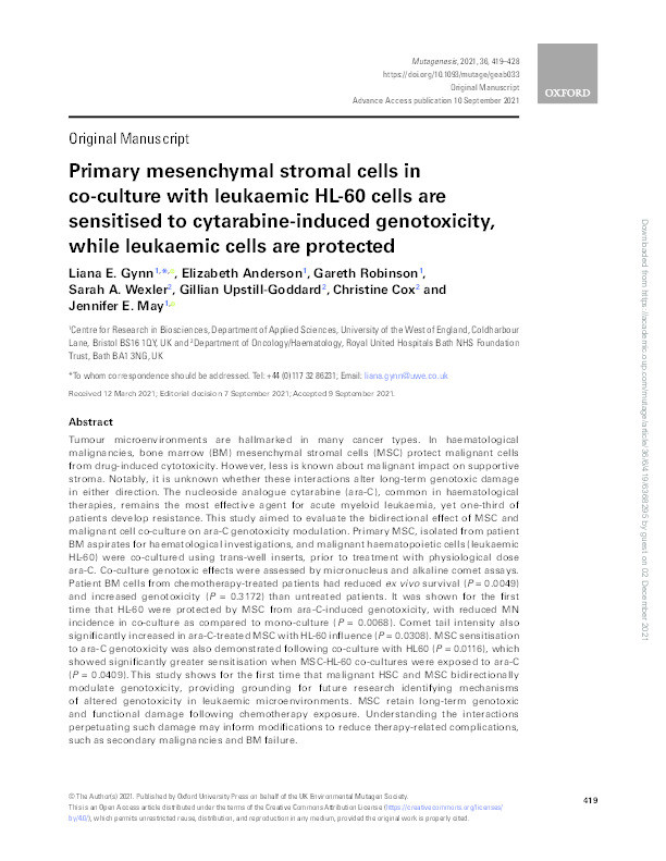 Primary mesenchymal stromal cells in co-culture with leukaemic HL-60 cells are sensitised to cytarabine-induced genotoxicity, while leukaemic cells are protected Thumbnail