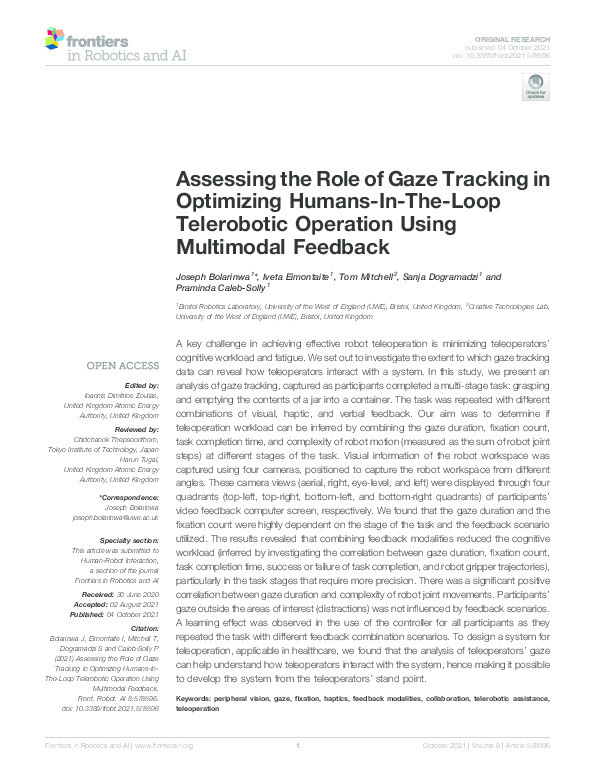 Assessing the Role of Gaze Tracking in Optimizing Humans-In-The-Loop Telerobotic Operation Using Multimodal Feedback Thumbnail