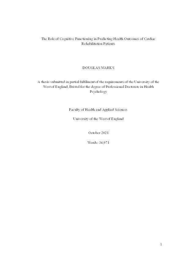 The role of cognitive functioning in predicting health outcomes of cardiac rehabilitation patients Thumbnail