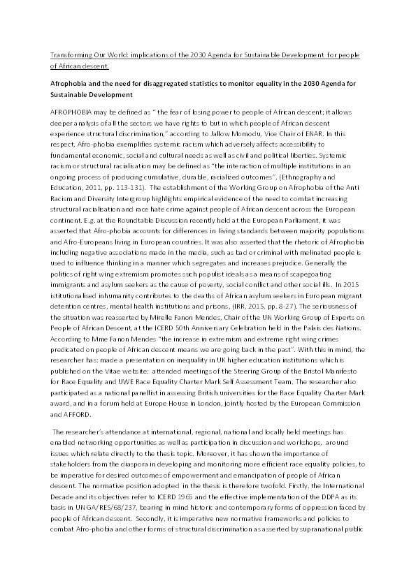 Transforming our world: Afrophobia and the need for disaggregated statistics to monitor equality in the 2030 Agenda for Sustainable Development Thumbnail