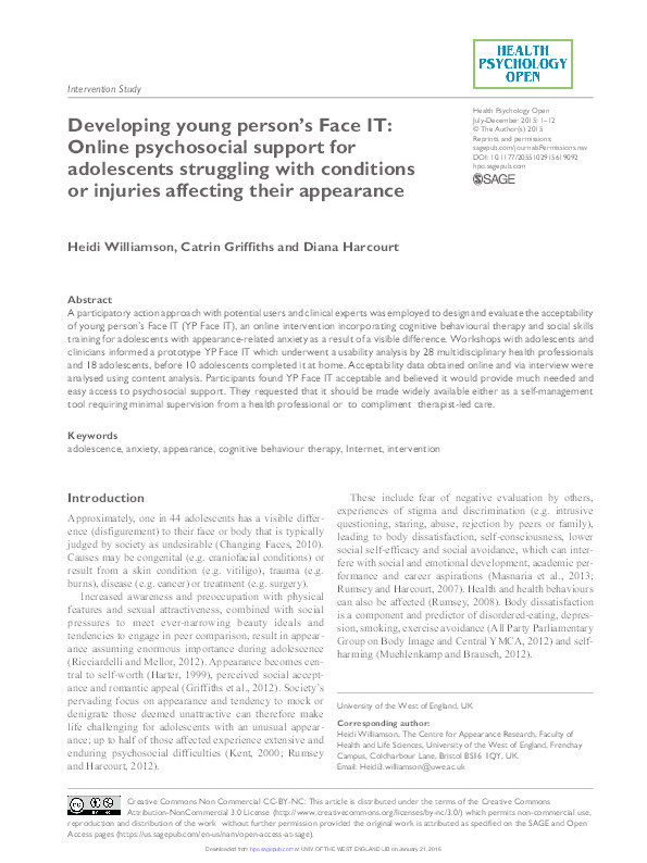 Developing young person’s Face IT: Online psychosocial support for adolescents struggling with conditions or injuries affecting their appearance Thumbnail
