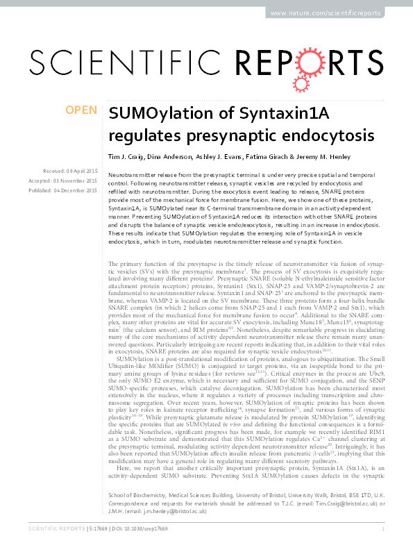 SUMOylation of Syntaxin1A regulates presynaptic endocytosis Thumbnail