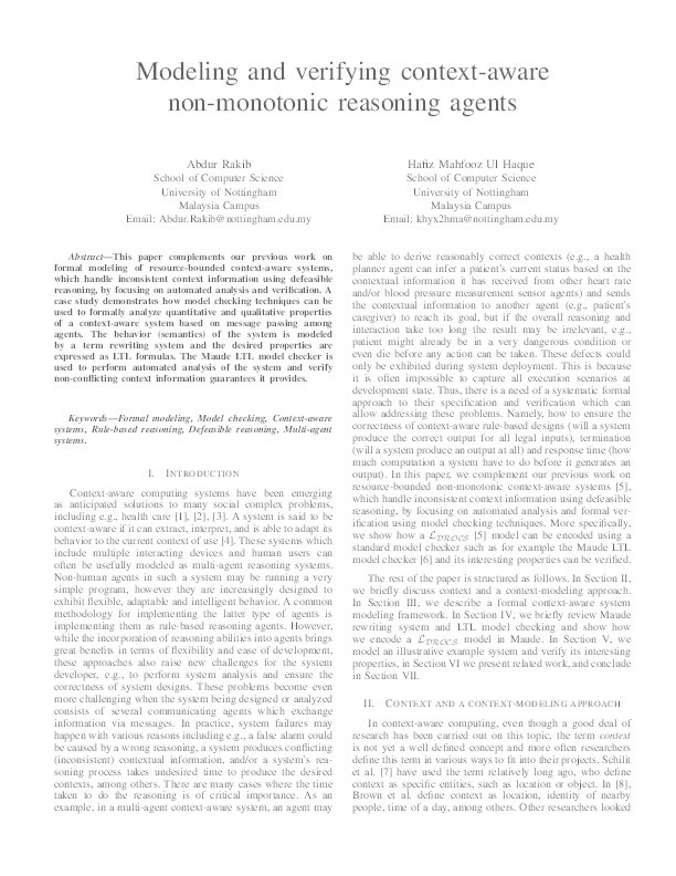 Modeling and verifying context-aware non-monotonic reasoning agents Thumbnail