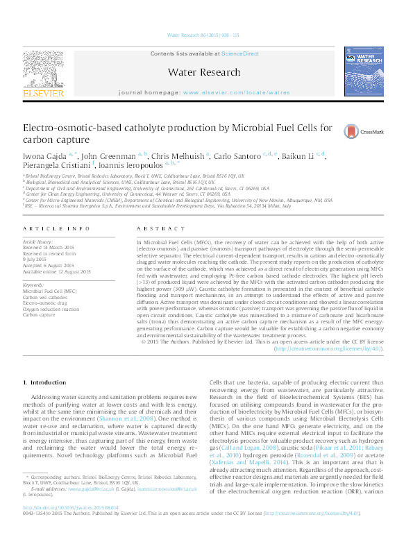 Electro-osmotic-based catholyte production by Microbial Fuel Cells for carbon capture Thumbnail