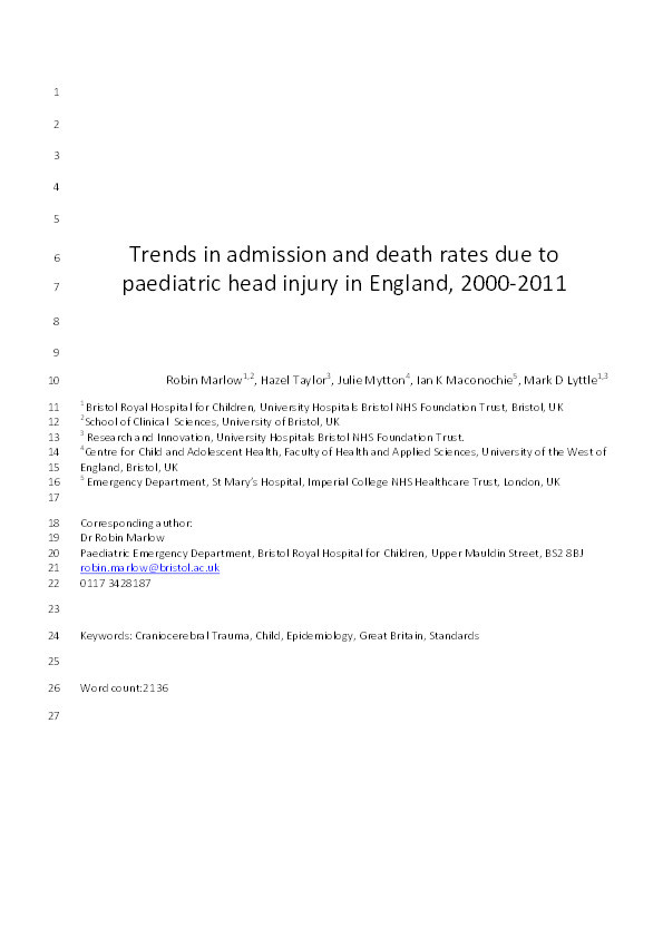 Trends in admission and death rates due to paediatric head injury in England, 2000-2011 Thumbnail