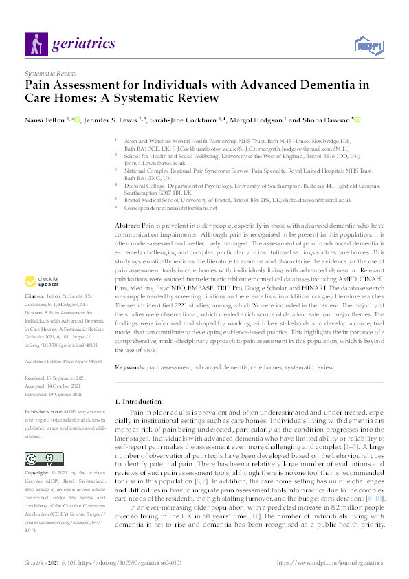 Pain assessment for individuals with advanced dementia in care homes: A systematic review Thumbnail