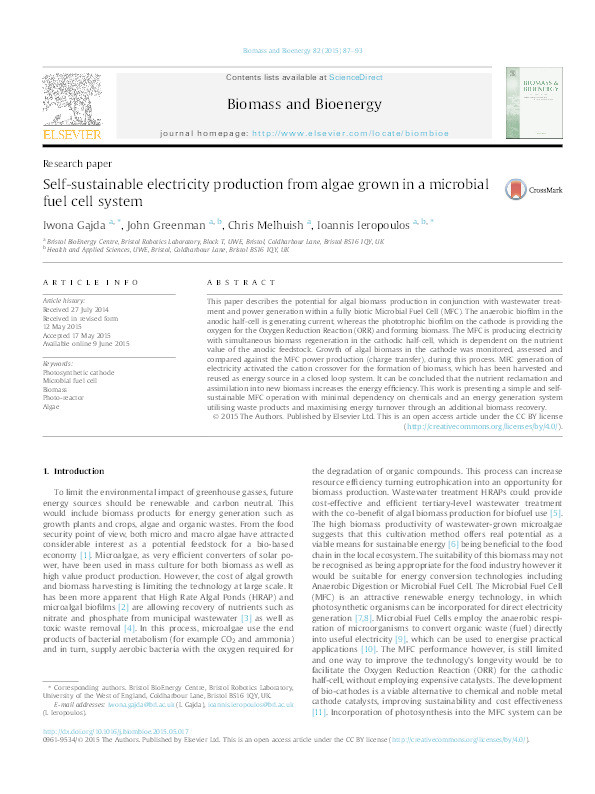 Self-sustainable electricity production from algae grown in a microbial fuel cell system Thumbnail