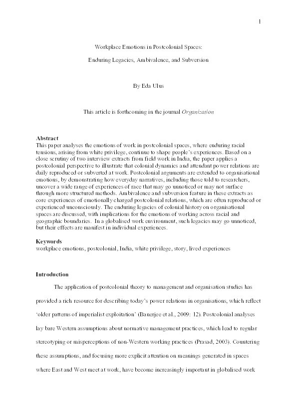 Workplace emotions in postcolonial spaces: Enduring legacies, ambivalence, and subversion Thumbnail