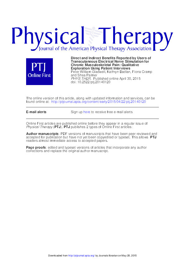 Direct and indirect benefits reported by users of transcutaneous electrical nerve stimulation for chronic musculoskeletal pain: Qualitative exploration using patient interviews Thumbnail