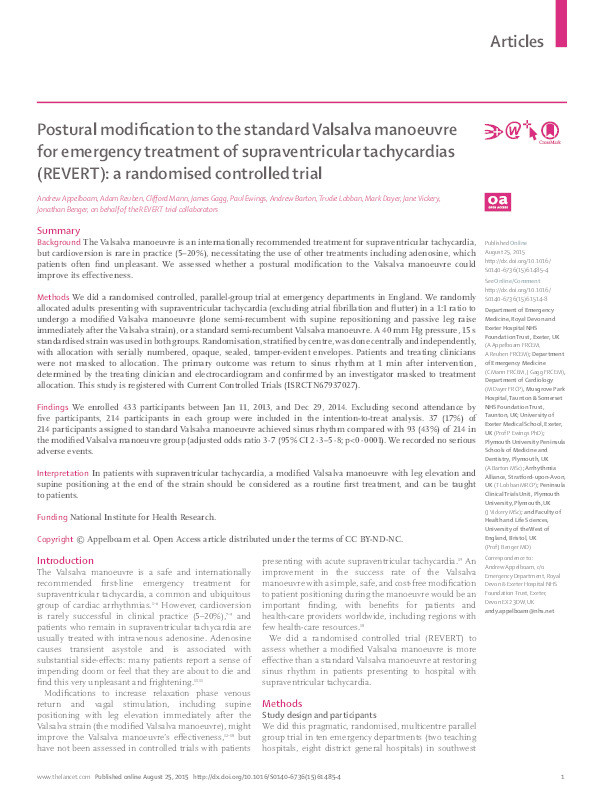 Postural modification to the standard Valsalva manoeuvre for emergency treatment of supraventricular tachycardias (REVERT): A randomised controlled trial Thumbnail
