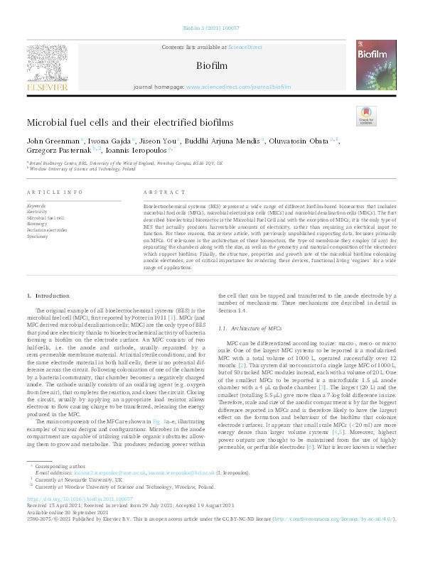 Microbial fuel cells and their electrified biofilms Thumbnail