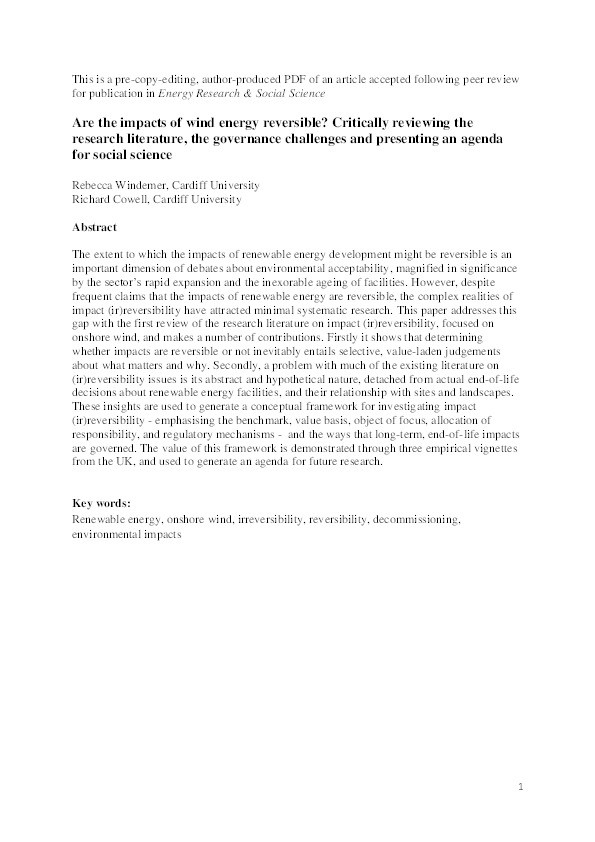 Are the impacts of wind energy reversible? Critically reviewing the research literature, the governance challenges and presenting an agenda for social science Thumbnail