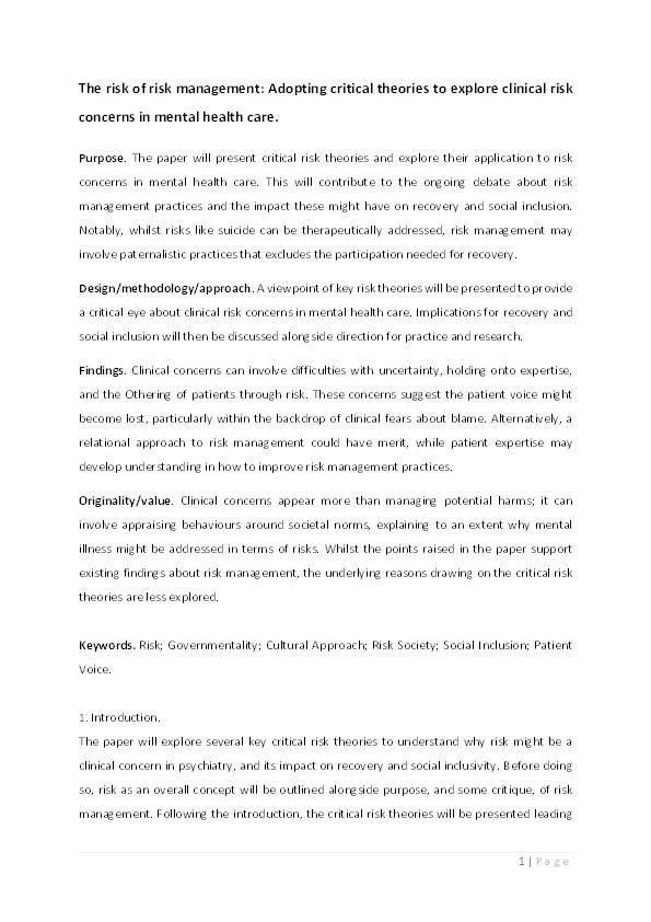 The risk of risk management: Adopting critical theories to explore clinical risk concerns in mental health care Thumbnail