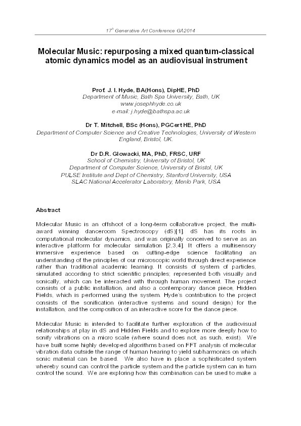 Molecular music: Repurposing a mixed quantum-classical atomic dynamics model as an audiovisual instrument Thumbnail