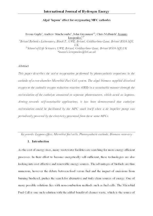 Algal 'lagoon' effect for oxygenating MFC cathodes Thumbnail