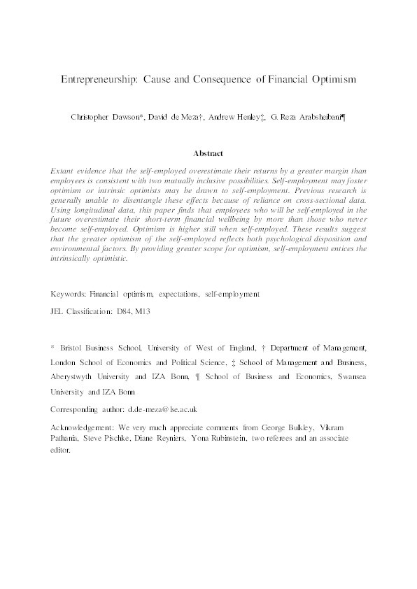 Entrepreneurship: Cause and Consequence of Financial Optimism Thumbnail