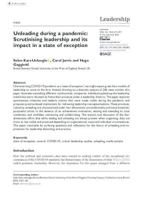 Unleading during a pandemic: Scrutinising leadership and its impact in a state of exception Thumbnail