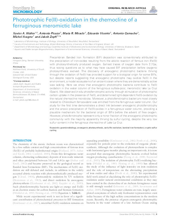 Phototrophic Fe(II)-oxidation in the chemocline of a ferruginous meromictic lake Thumbnail