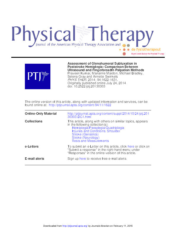 Assessment of glenohumeral subluxation in poststroke hemiplegia: Comparison between ultrasound and fingerbreadth palpation methods Thumbnail