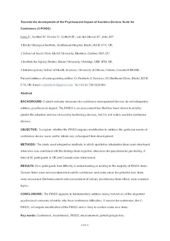 Towards the development of the psychosocial impact of assistive devices scale for continence (C-PIADS) Thumbnail