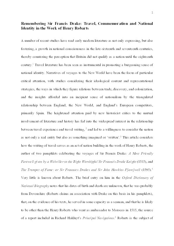 Remembering Sir Francis Drake: Travel, commemoration and national identity in the work of Henry Robarts Thumbnail