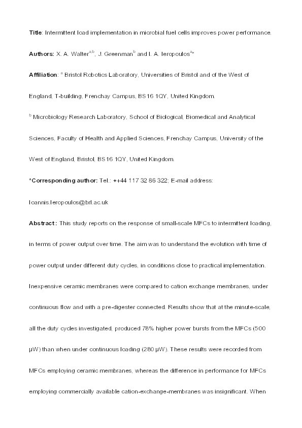 Intermittent load implementation in microbial fuel cells improves power performance Thumbnail