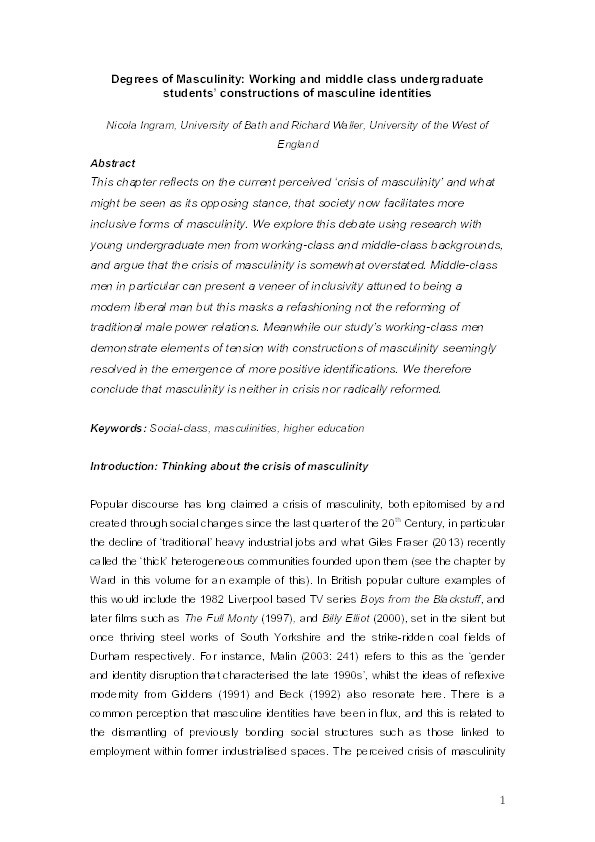 Degrees of masculinity: Working and middle-class undergraduate students’ constructions of masculine identities Thumbnail