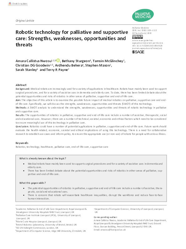 Robotic technology for palliative and supportive care: Strengths, weaknesses, opportunities and threats Thumbnail