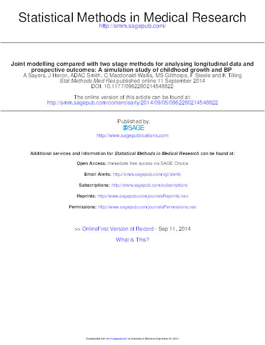 Joint modelling compared with two stage methods for analysing longitudinal data and prospective outcomes: A simulation study of childhood growth and BP Thumbnail