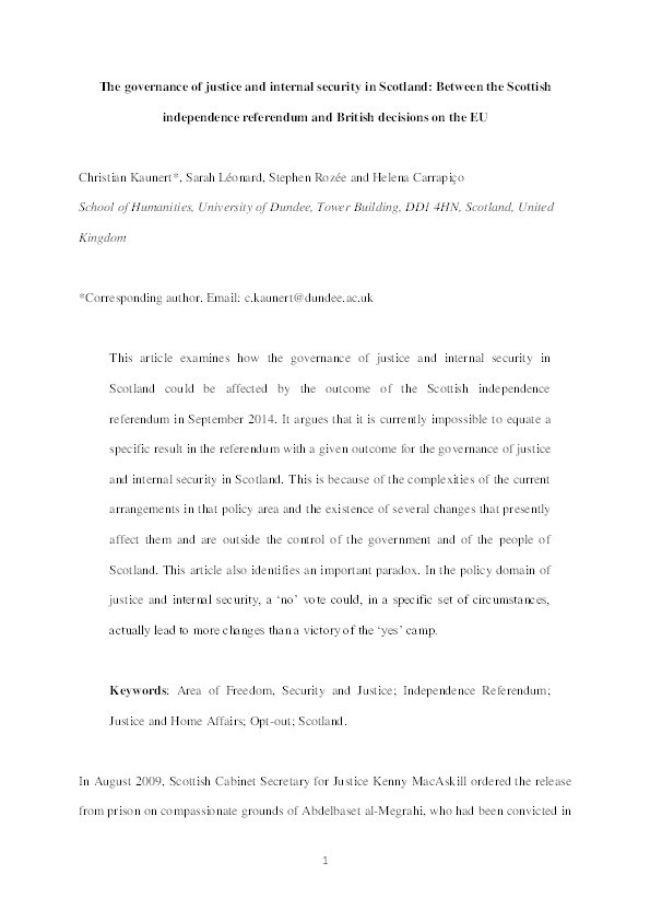 The governance of justice and internal security in Scotland: Between the Scottish independence referendum and British decisions on the EU Thumbnail