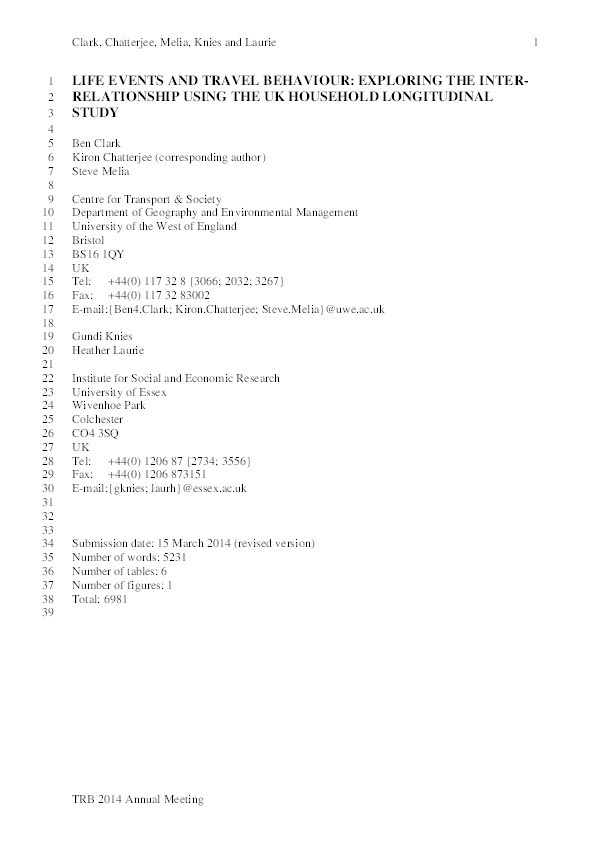 Life events and travel behavior exploring the interrelationship using UK Household Longitudinal Study data Thumbnail