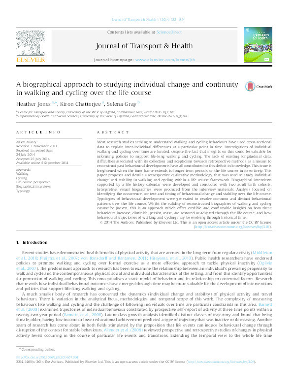 A biographical approach to studying individual change and continuity in walking and cycling over the life course Thumbnail