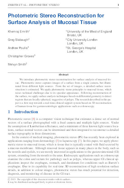 Photometric stereo reconstruction for surface analysis of mucosal tissue Thumbnail