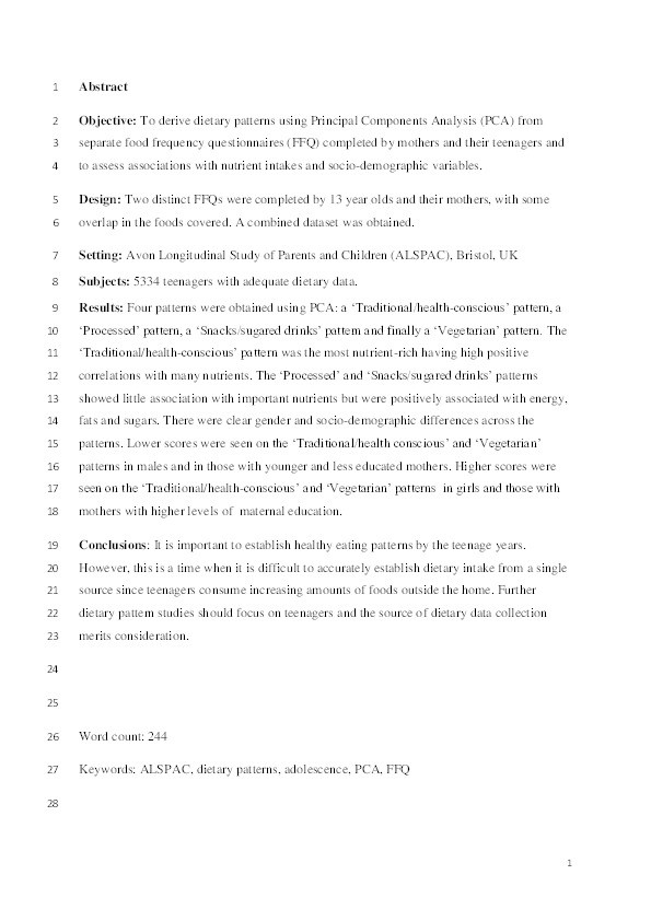 Dietary patterns in UK adolescents obtained from a dual-source FFQ and their associations with socio-economic position, nutrient intake and modes of eating Thumbnail