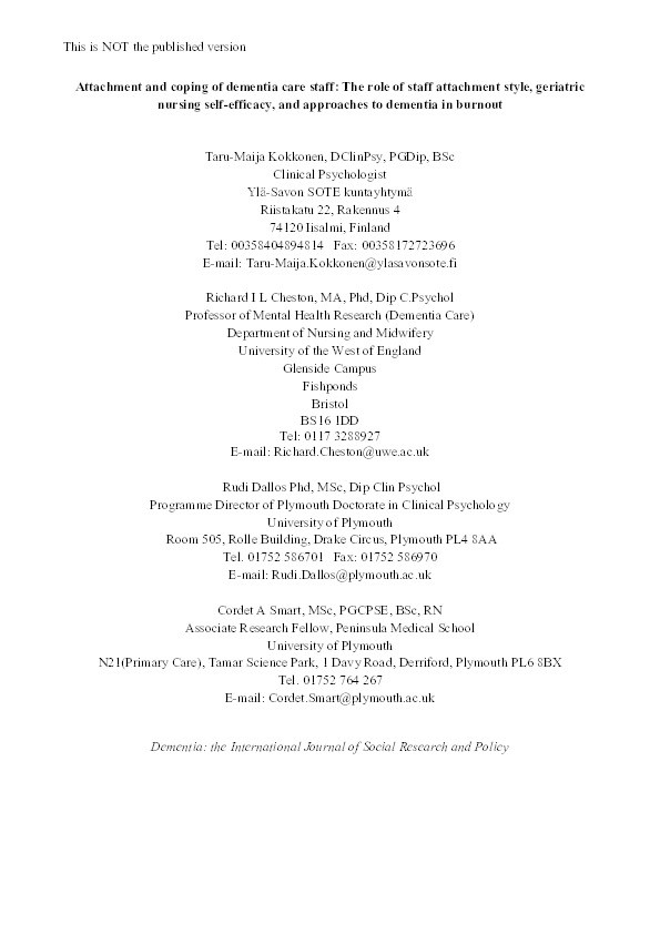 Attachment and coping of dementia care staff: The role of staff attachment style, geriatric nursing self-efficacy, and approaches to dementia in burnout Thumbnail