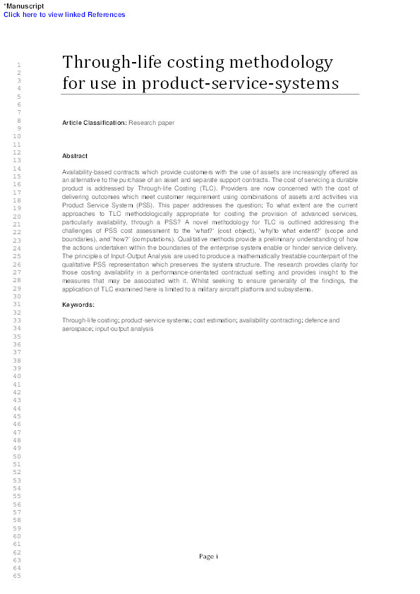 A through-life costing methodology for use in product-service-systems Thumbnail