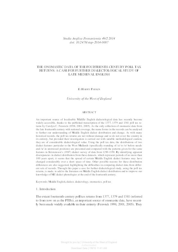 The onomastic data of the fourteenth-century poll tax returns: A case for further dialectological study of late medieval english Thumbnail