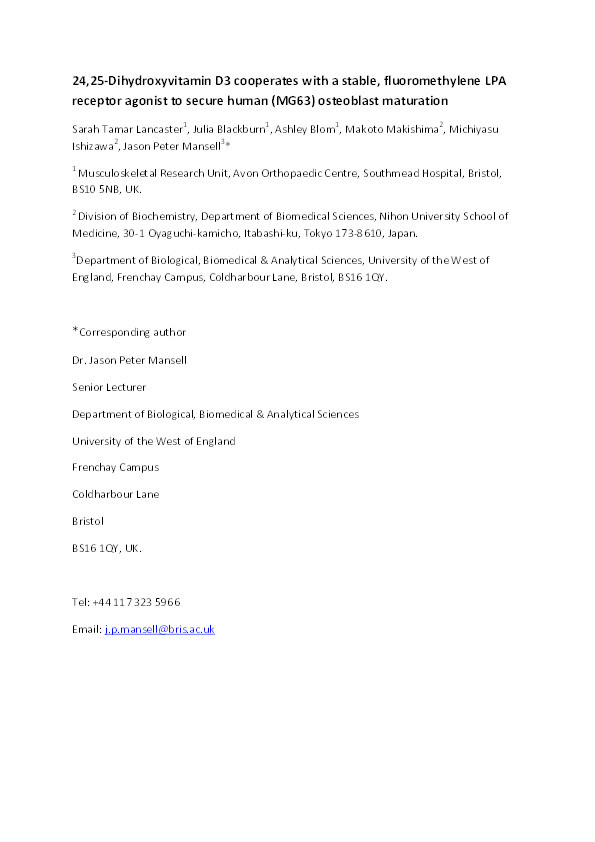 24,25-Dihydroxyvitamin D3 cooperates with a stable, fluoromethylene LPA receptor agonist to secure human (MG63) osteoblast maturation Thumbnail