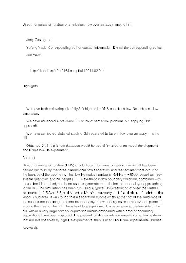 Direct numerical simulation of a turbulent flow over an axisymmetric hill Thumbnail