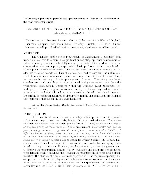 Developing capability of public sector procurement in Ghana: An assessment of the road subsector client Thumbnail