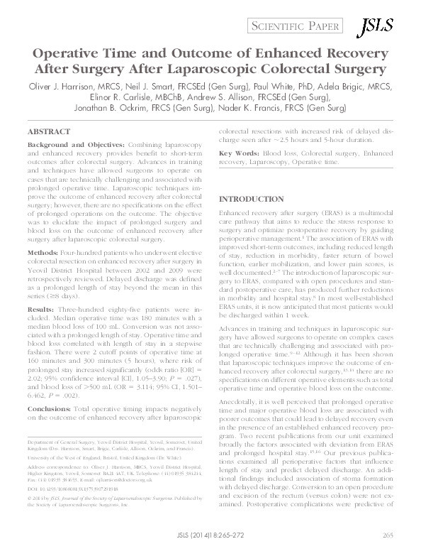 Operative time and outcome of enhanced recovery after surgery after laparoscopic colorectal surgery Thumbnail