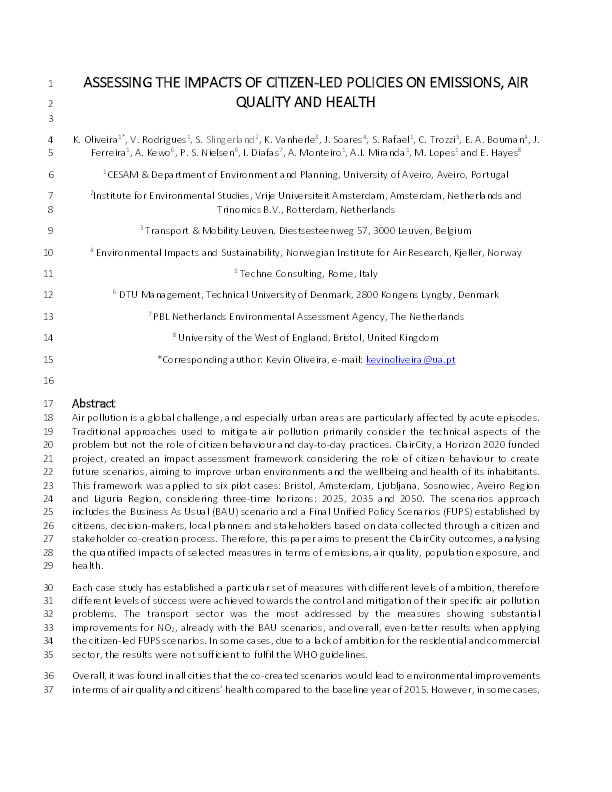 Assessing the impacts of citizen-led policies on emissions, air quality and health Thumbnail