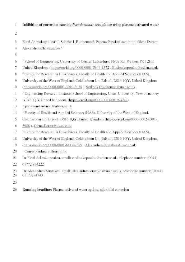 Inhibition of corrosion causing  Pseudomonas aeruginosa using plasma-activated water Thumbnail